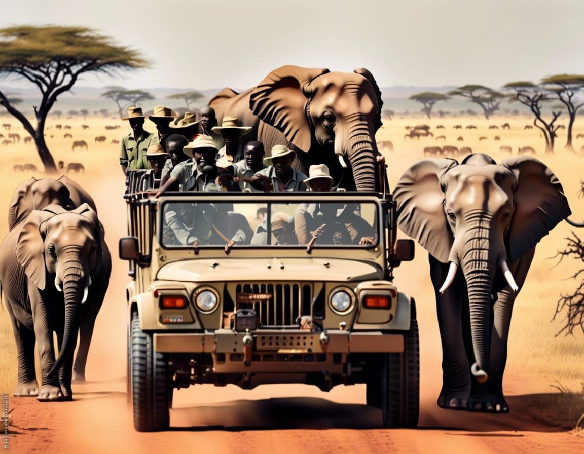 Safari Jeep Encounter with Elephants on Serengeti