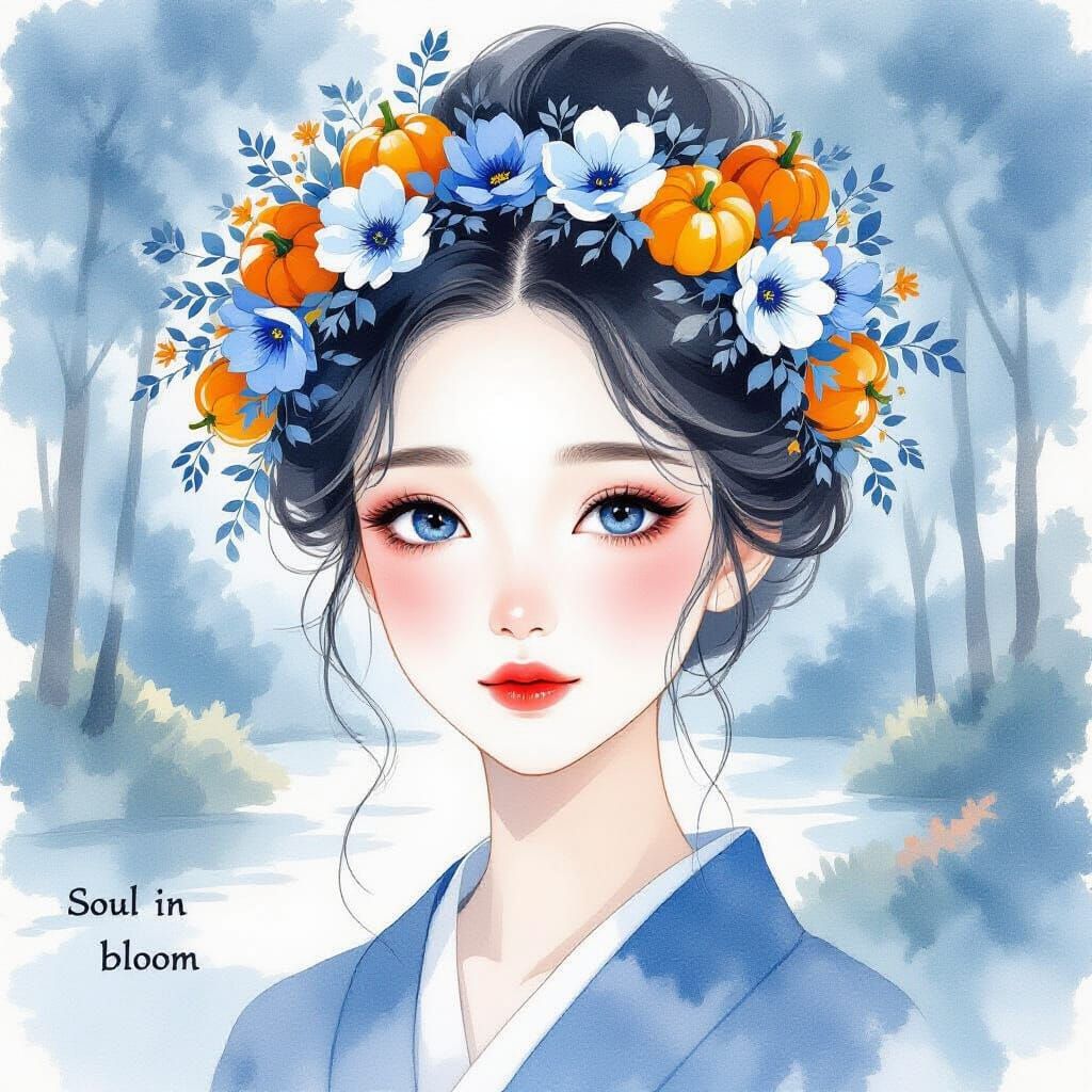 Sumi-e Portrait of a Young Woman in Soft Blue Tones