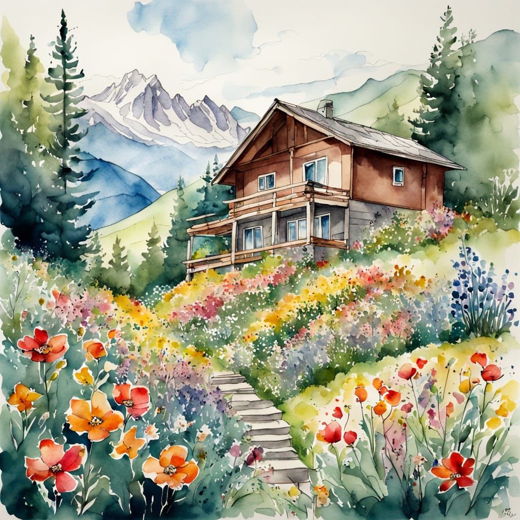 Watercolor Holiday Home in Mountain Flower Garden