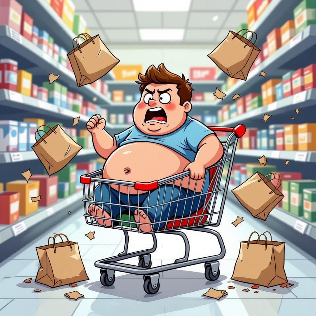 Cartoon of Obese Man Tantrum in Shopping Cart