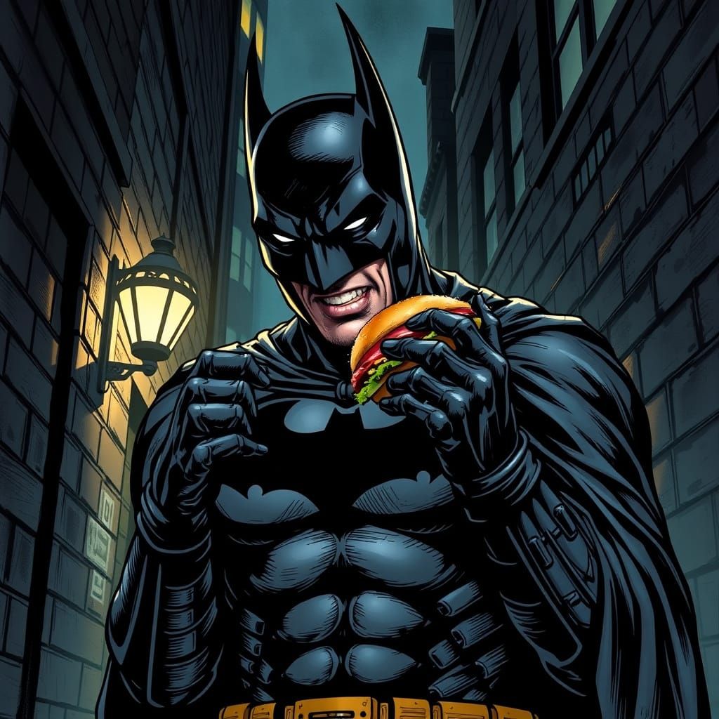 Batman's Cheeseburger Break in Gotham: Comic Noir Style