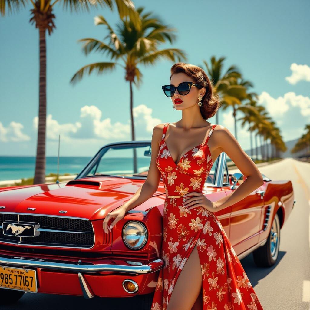 1950s Style Woman with Vintage Mustang on Coastal Highway