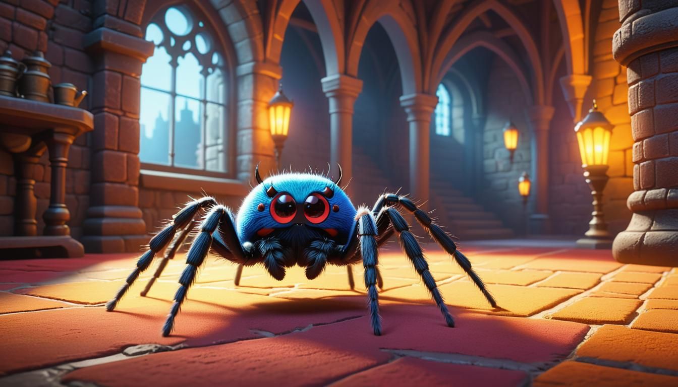 Adorable Fuzzy Spider Explores Castle Hall in 3D