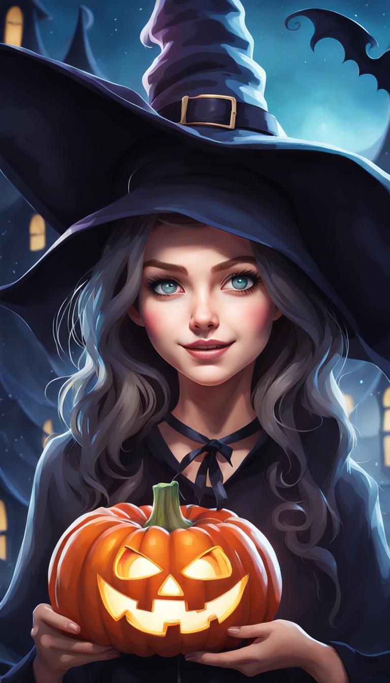 Halloween Witch Smirking in Watercolor Style