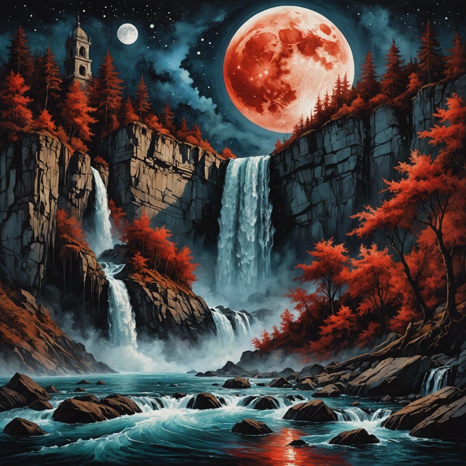 Cursed Waterfall Illustration in Oil, Watercolor, and Ink