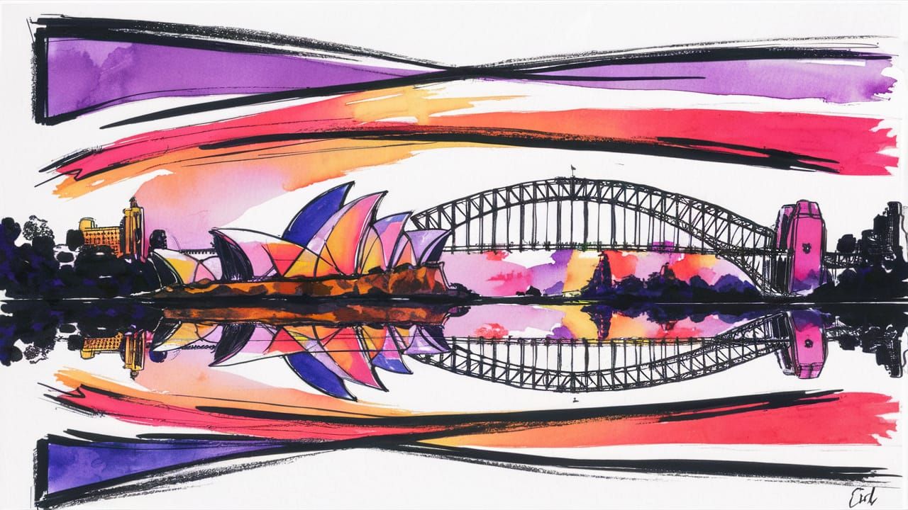 Sydney Harbour: Vivid Watercolour Painting with Pen Borders