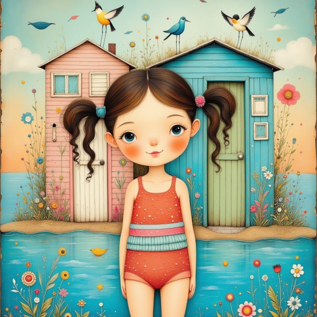 Whimsical Girl in 1880s Swimsuit by Multicolored Bathing Box