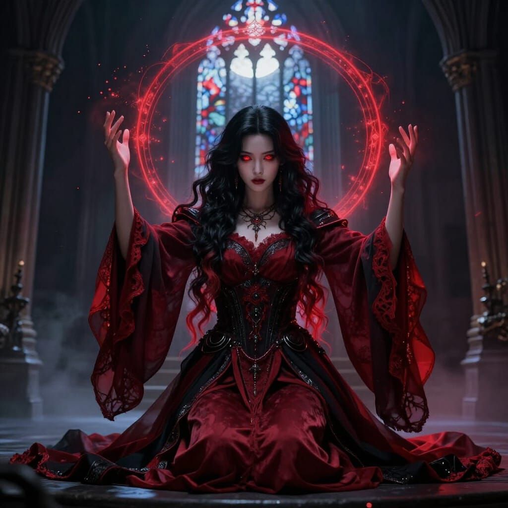 Gothic Ritualist Summoning Magic Under Blood Moon