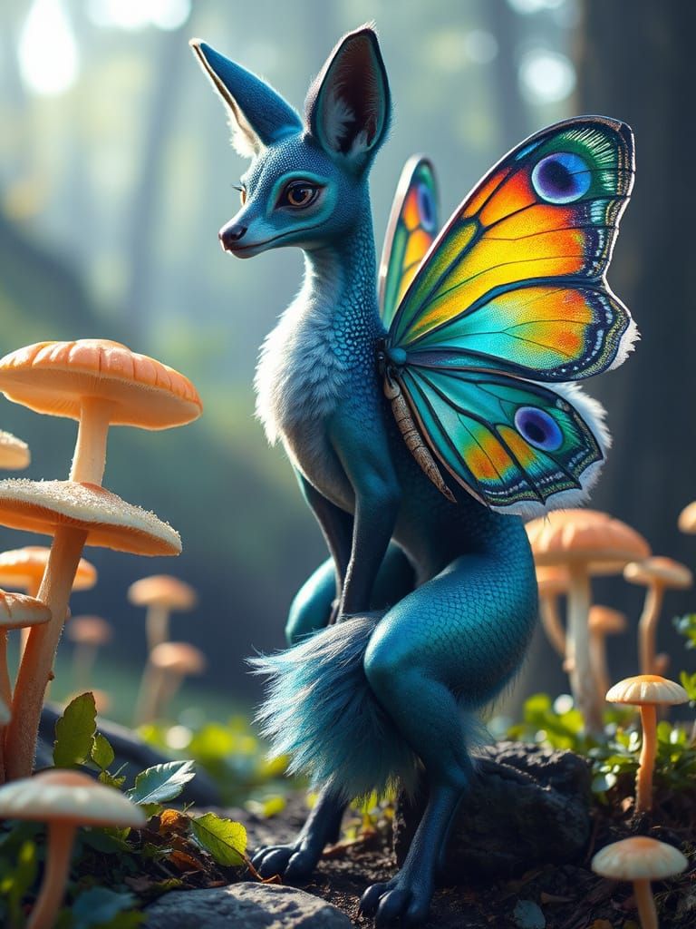 Peacock-Fox Creature in Enchanted Forest