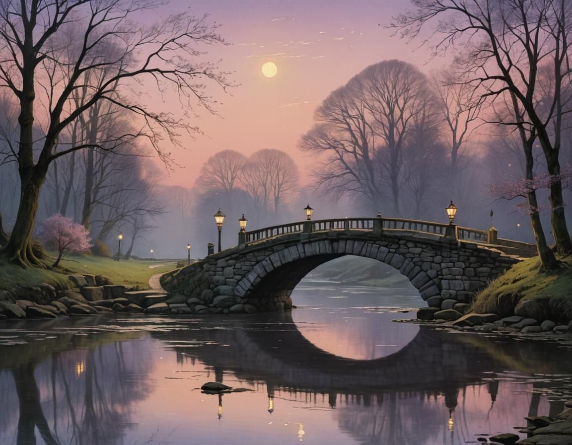 Stone Bridge at Dusk in Watercolor Style