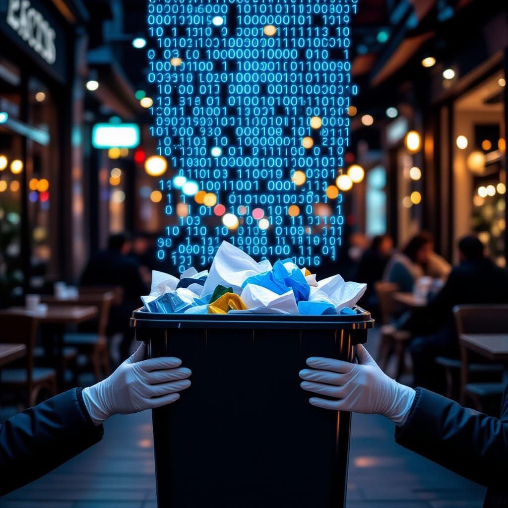 hands with gloves is holding garbage bin filled with arts an...