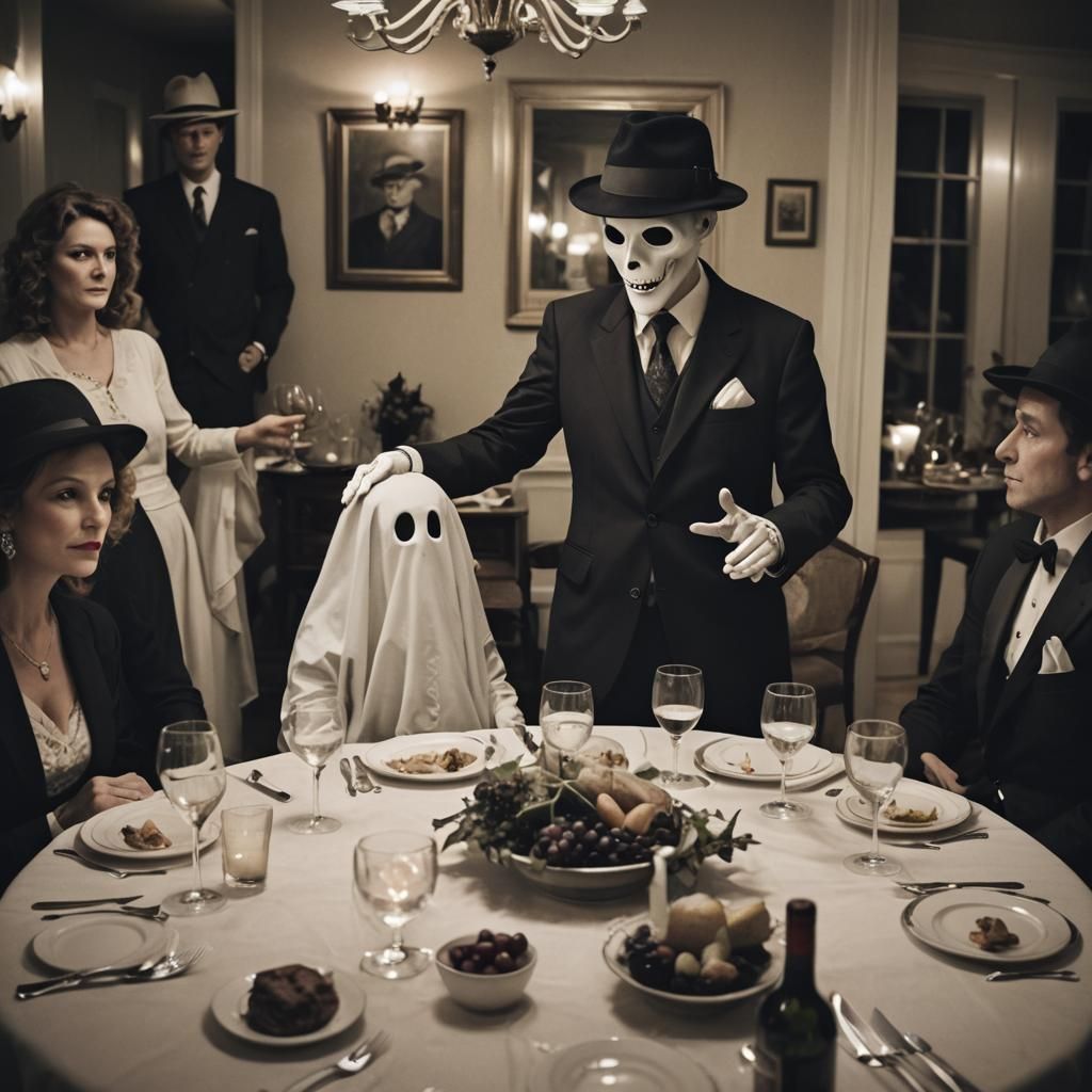 Anthropomorphic Ghost at Dinner Party, Realistic Photography
