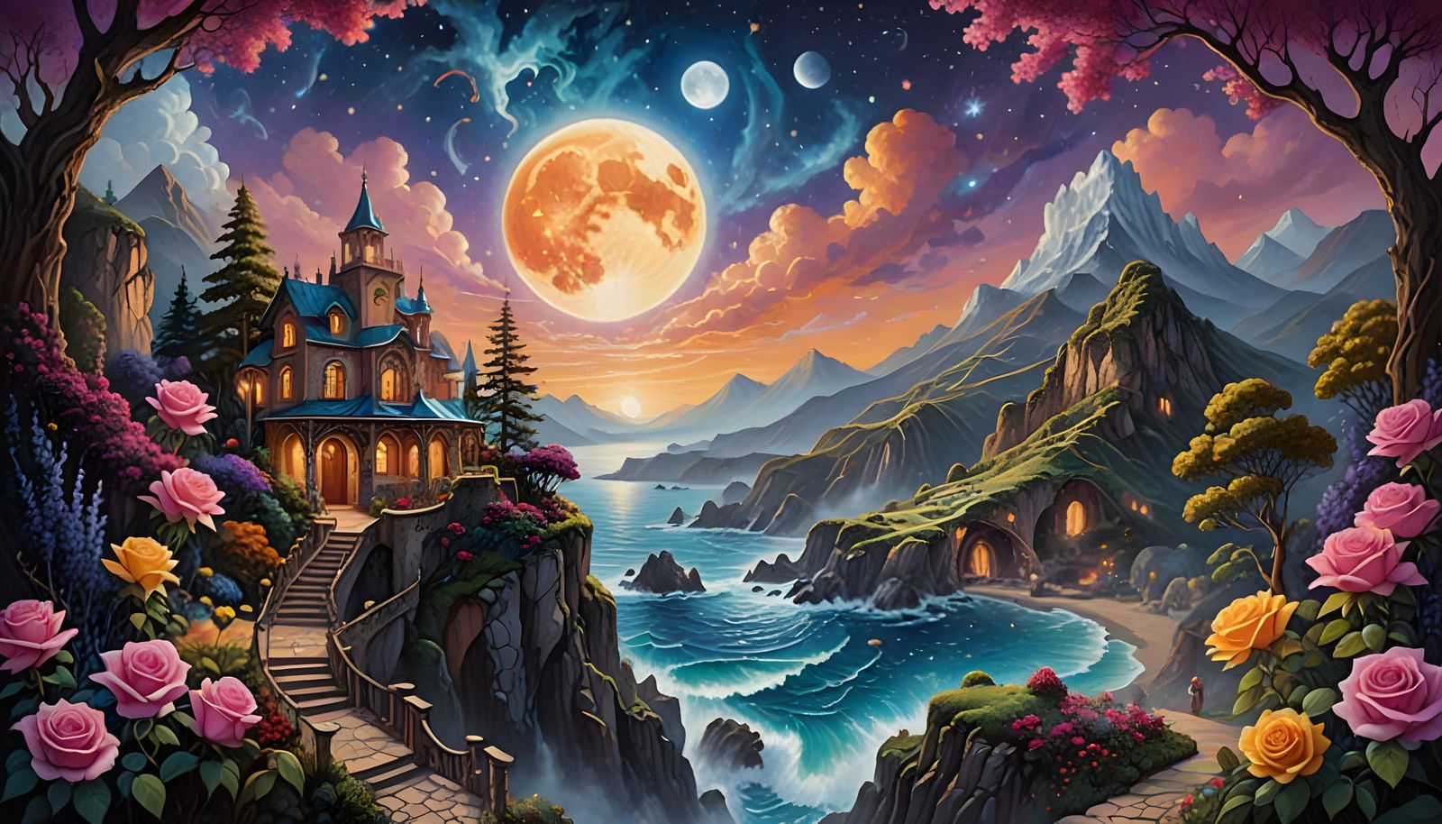 A fantastical landscape set within a coastal cliff