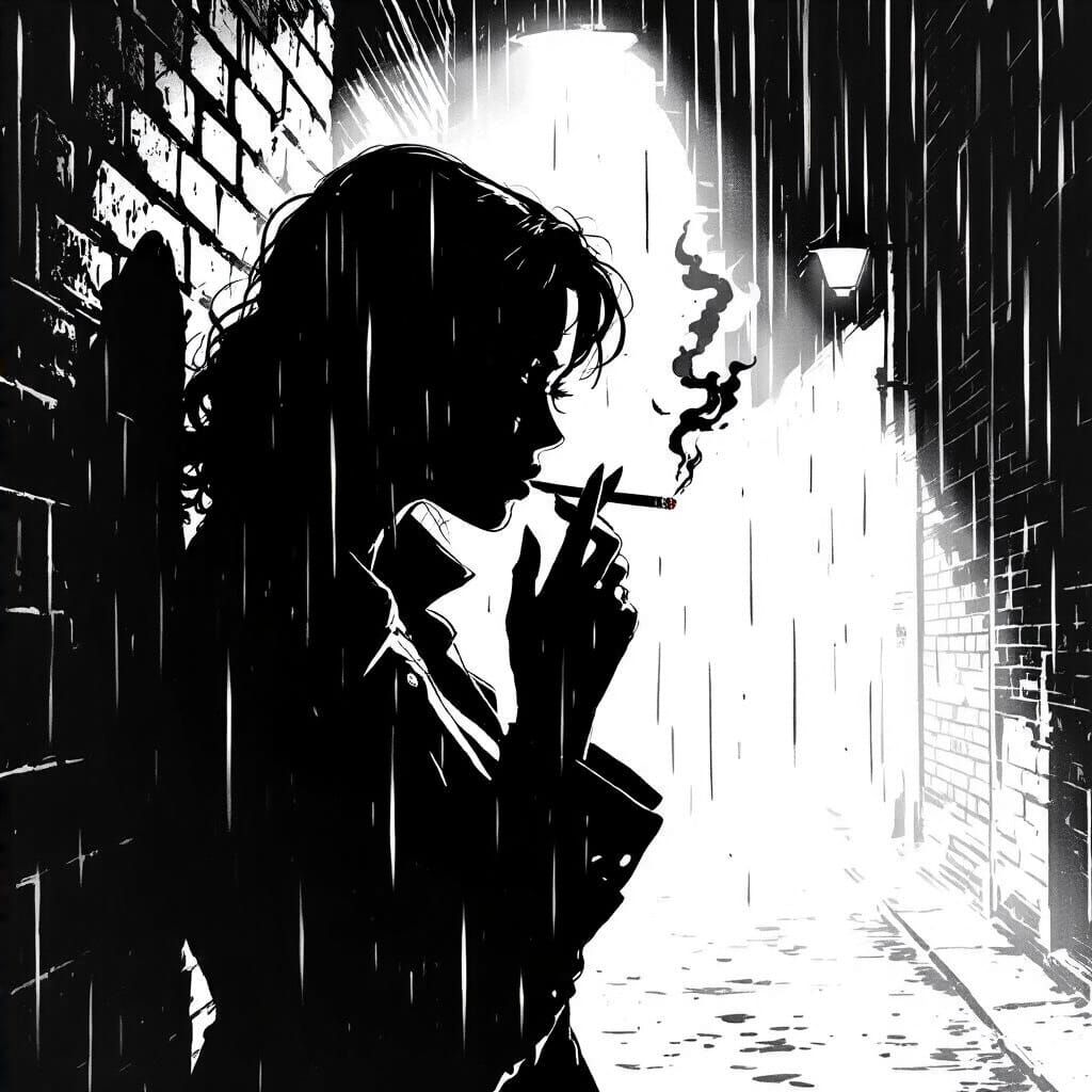 Noir Femme Fatale in Rainy Alley
