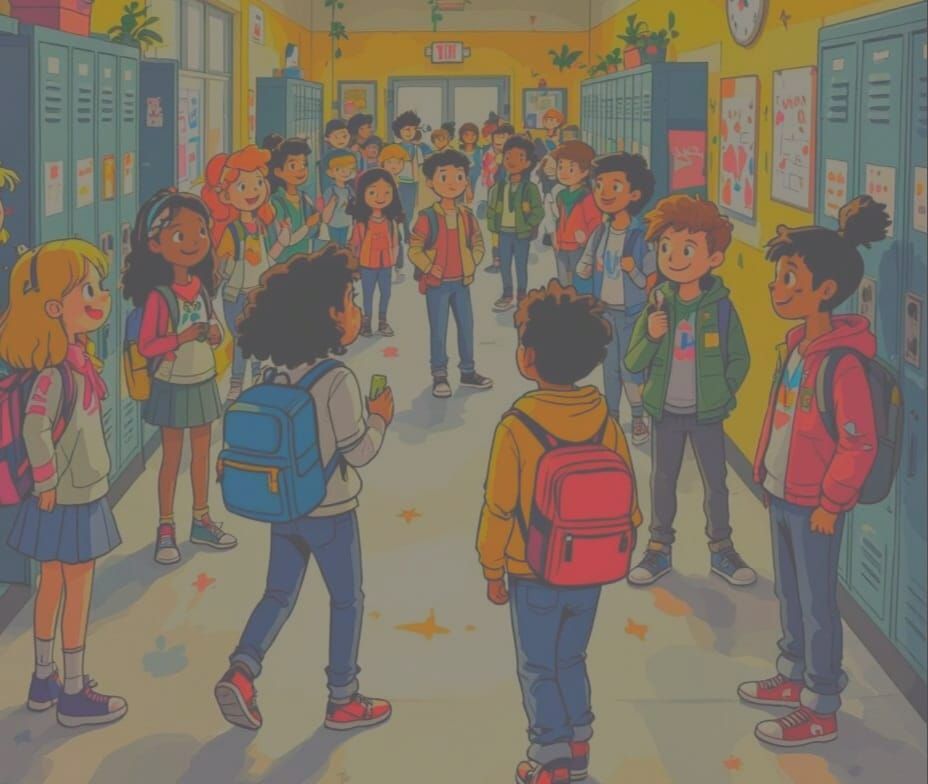 Middle School Characters Interacting in Vibrant Scene