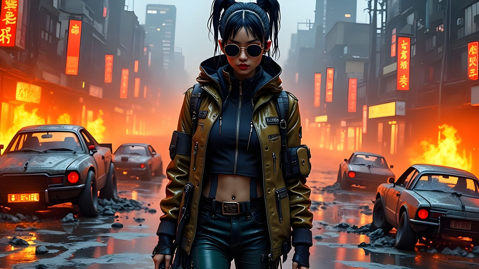 Cyberpunk Femme Fatale Walking Away from Urban Battle