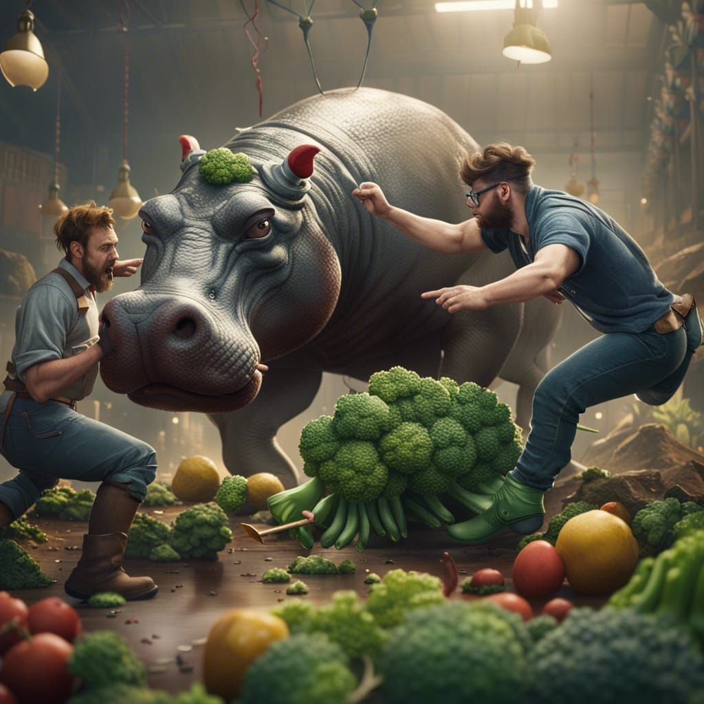 Hipsters and Hippo Fight Over Broccoli, Detailed Art