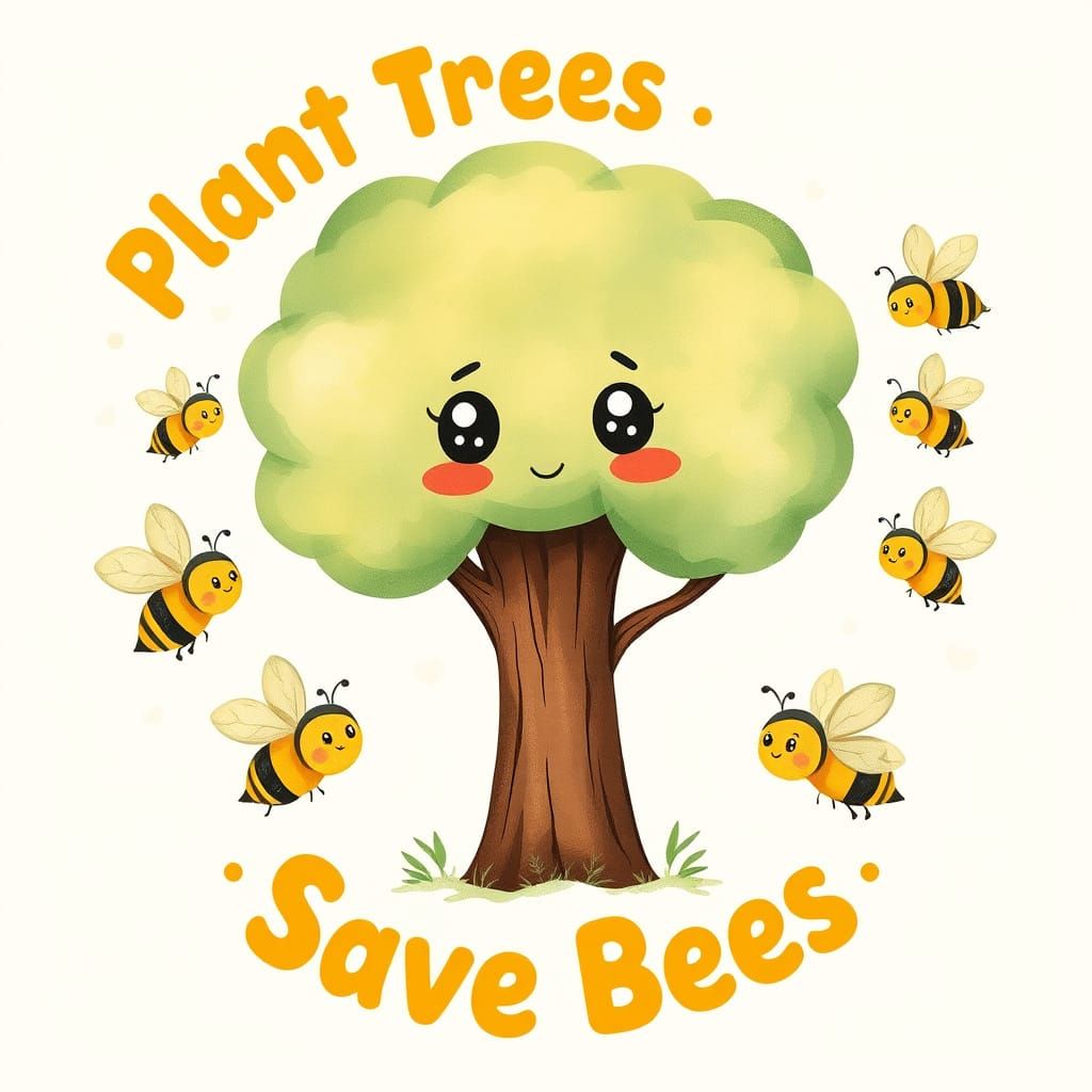 Whimsical Eco-Friendly Tree Character with Buzzing Bees in H...