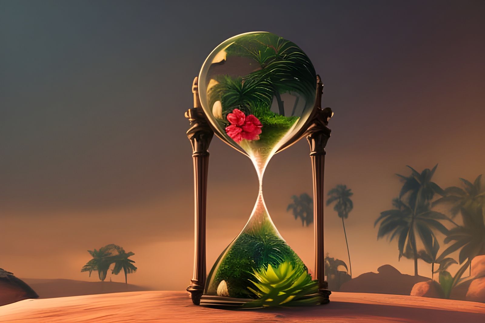 Hourglass Filled with Tropical Plants: Detailed Digital Art