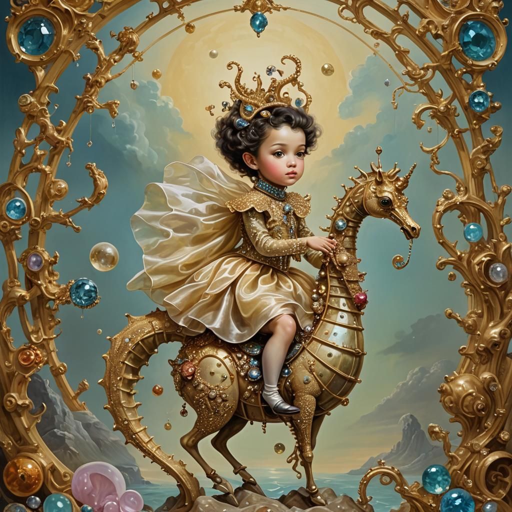Pixie Girl on Jeweled Seahorse in Surreal Style