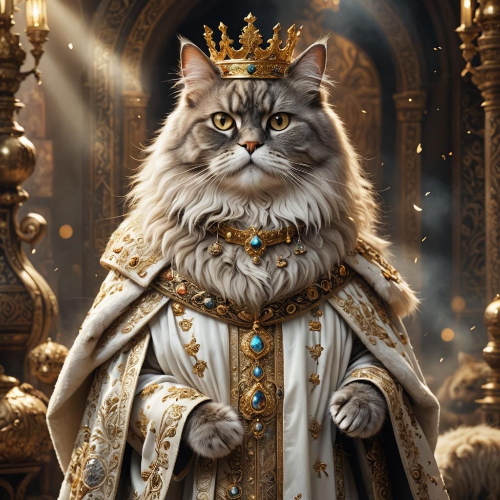 Majestic Persian Cat in Ermine Robe and Crown