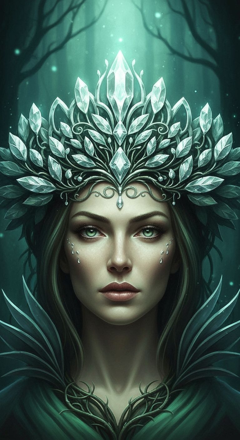 Forest Queen with Glowing Crystal Tiara in Moonlight