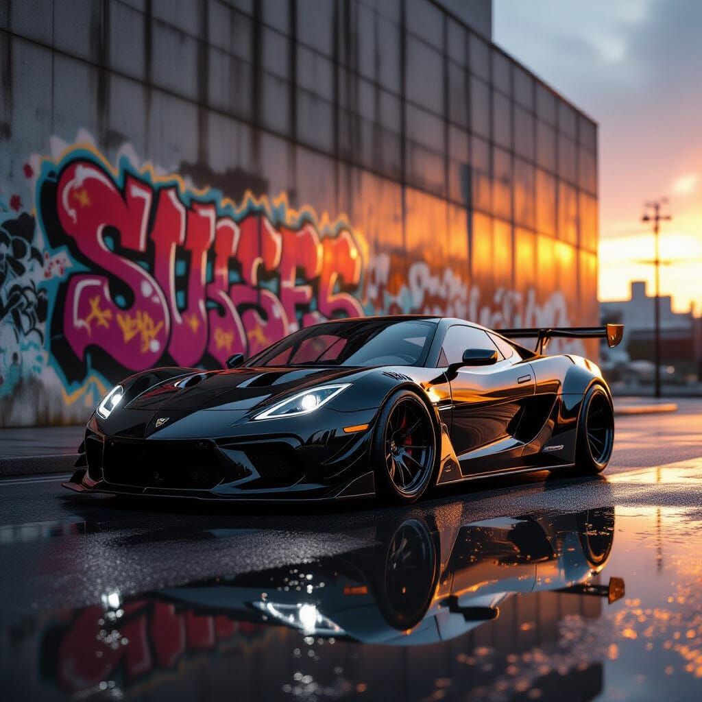 Sleek Black Sports Car in Urban Golden Hour