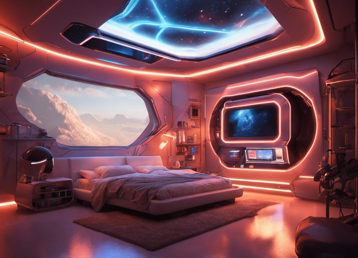 Elegant Futuristic Spaceship Bedroom with Neon Lighting