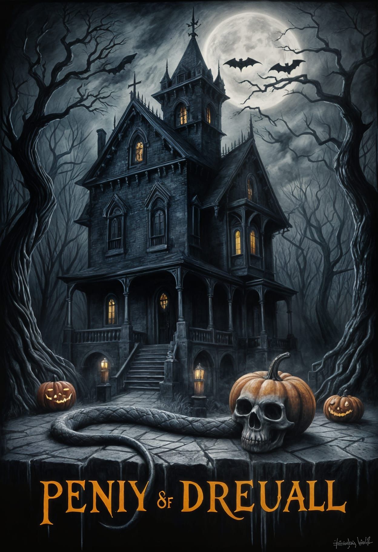 Penny Dreadful style haunted house at night, with a large pu...