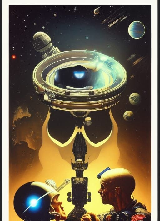 Astronaut Skull Reflecting Galaxy in Retro Sci-Fi Style