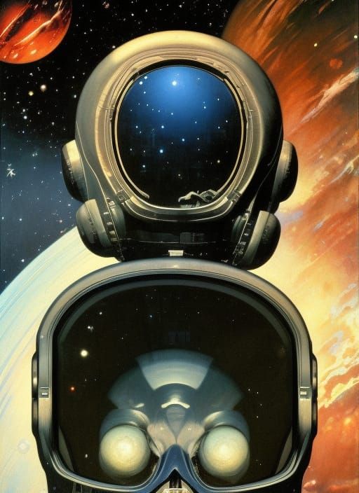 Astronaut Skull Reflecting Galaxy in Detailed Sci-Fi Art