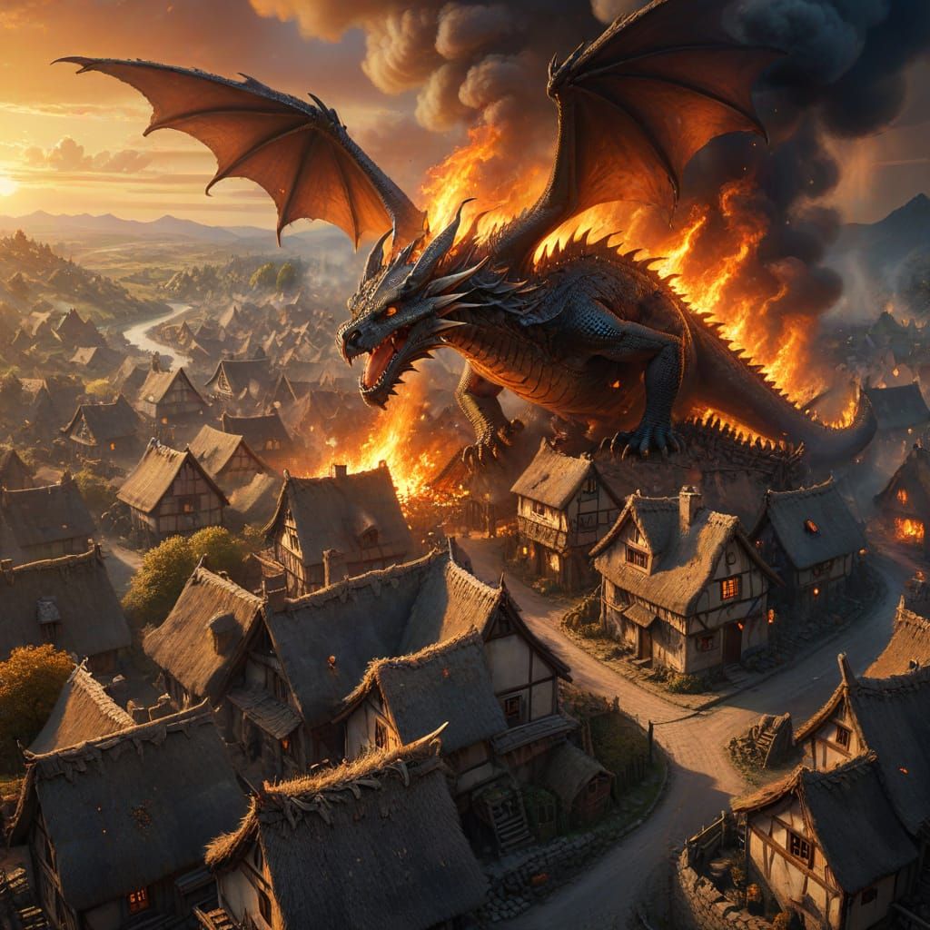 Dragon Ignites Village in Epic Fantasy Scene