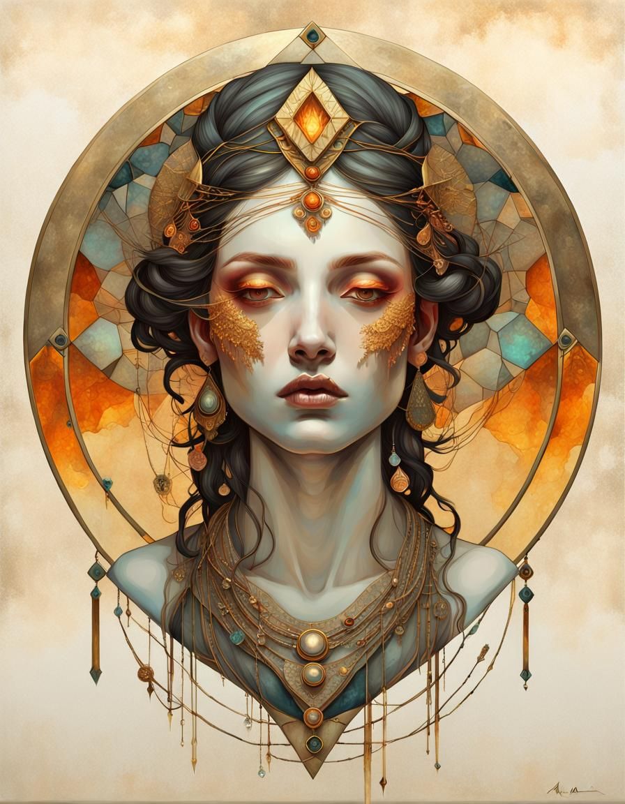 Ceramic and Metal Portrait in Art Nouveau Style