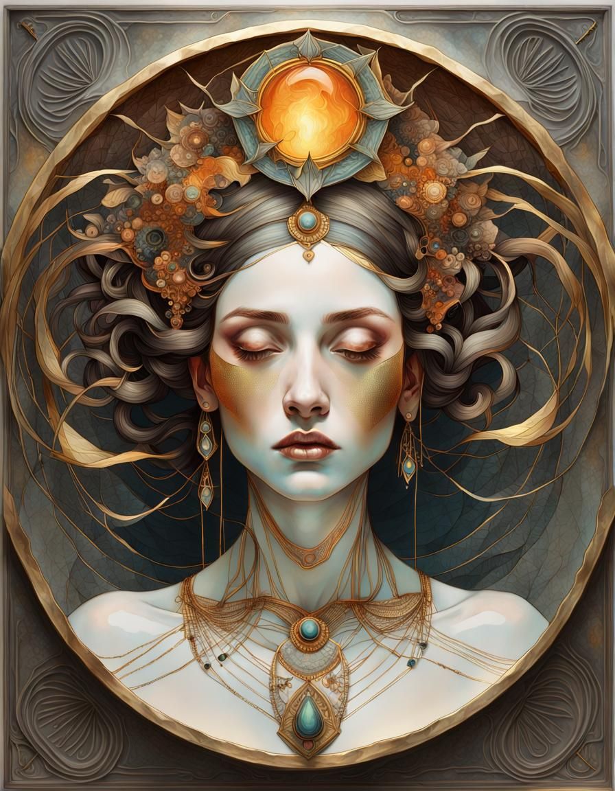 Mixed Media Portrait in Bronze and Gold Flame