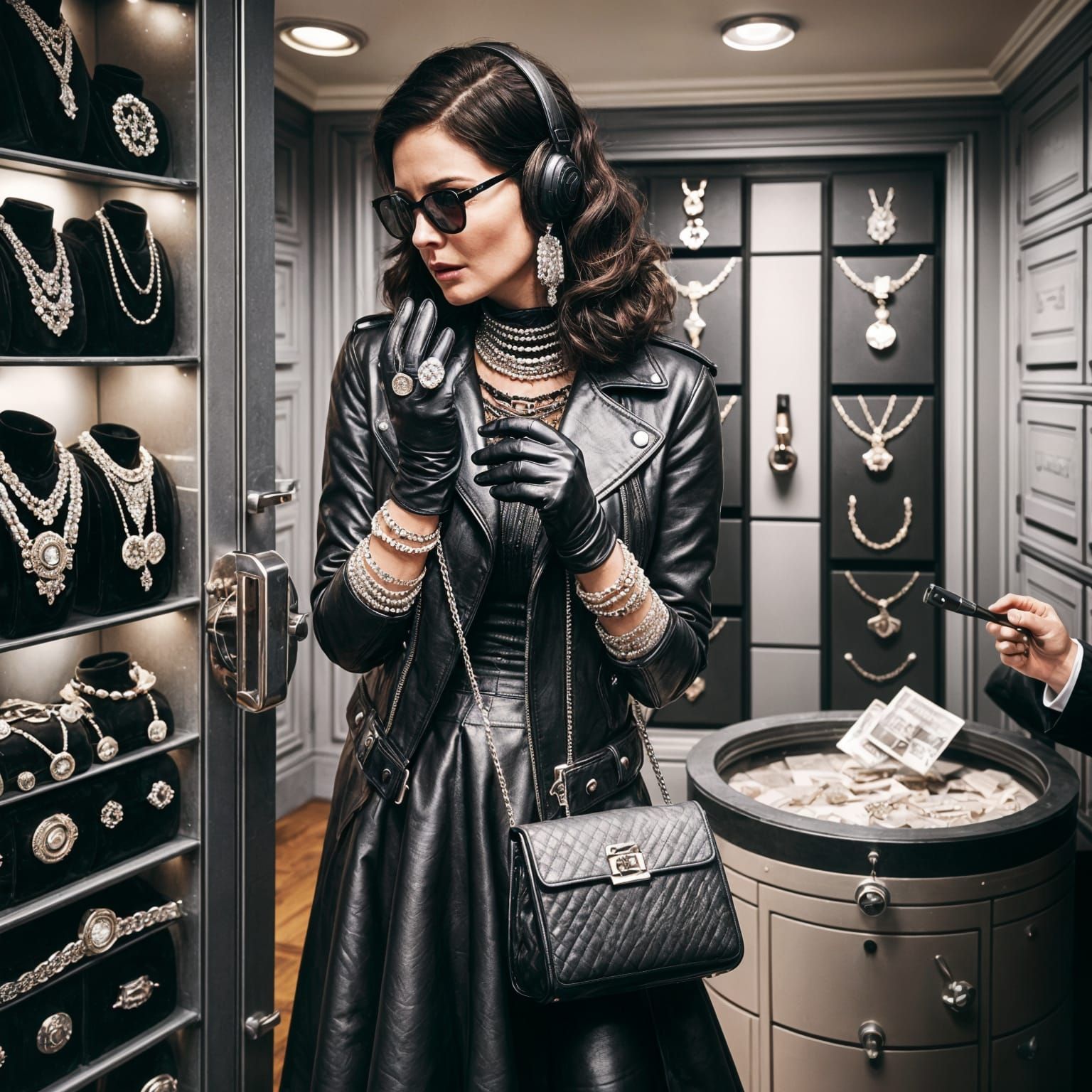 Brunette Woman's Daring Jewelry Store Heist in Leather