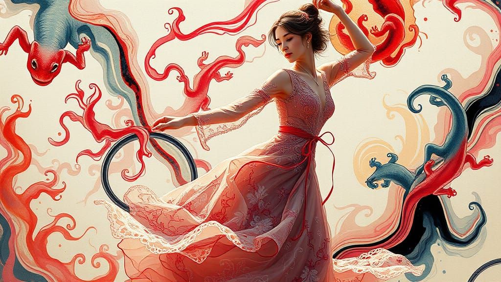 Elegant Woman Dances in Embroidered Lace Dress, Surrounded b...