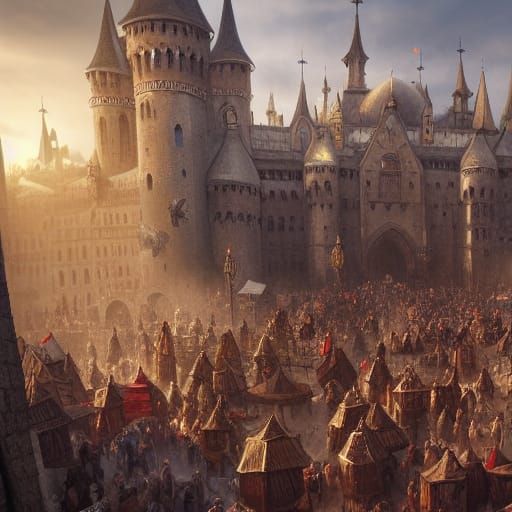 Medieval Market Scene: Detailed Digital Matte Painting