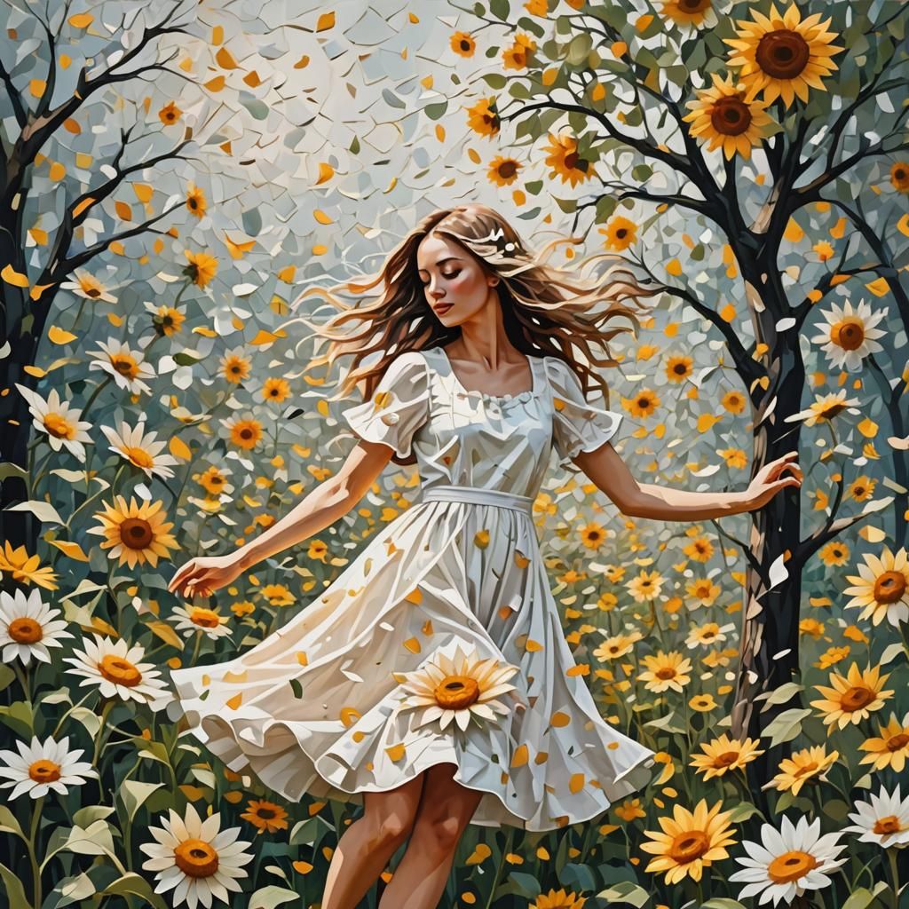 Girl in Sunflower Dress Dancing in Flower Field