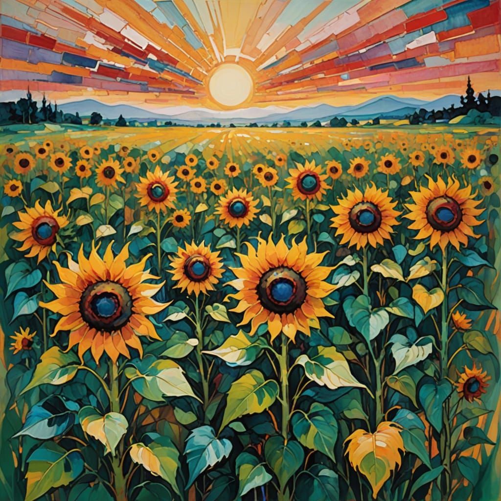 Vibrant Surreal Landscape of Swaying Sunflowers in a Kaleido...
