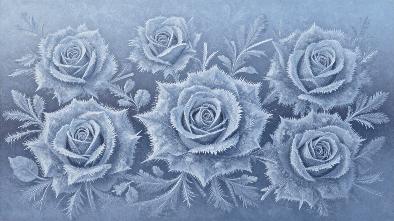 Intricate Hoarfrost Rose Patterns on Window