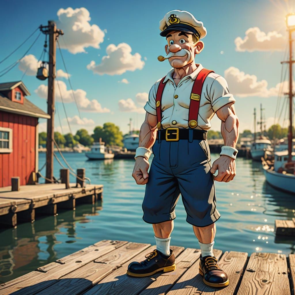 Popeye the Sailor on Dock in Comic Book Style