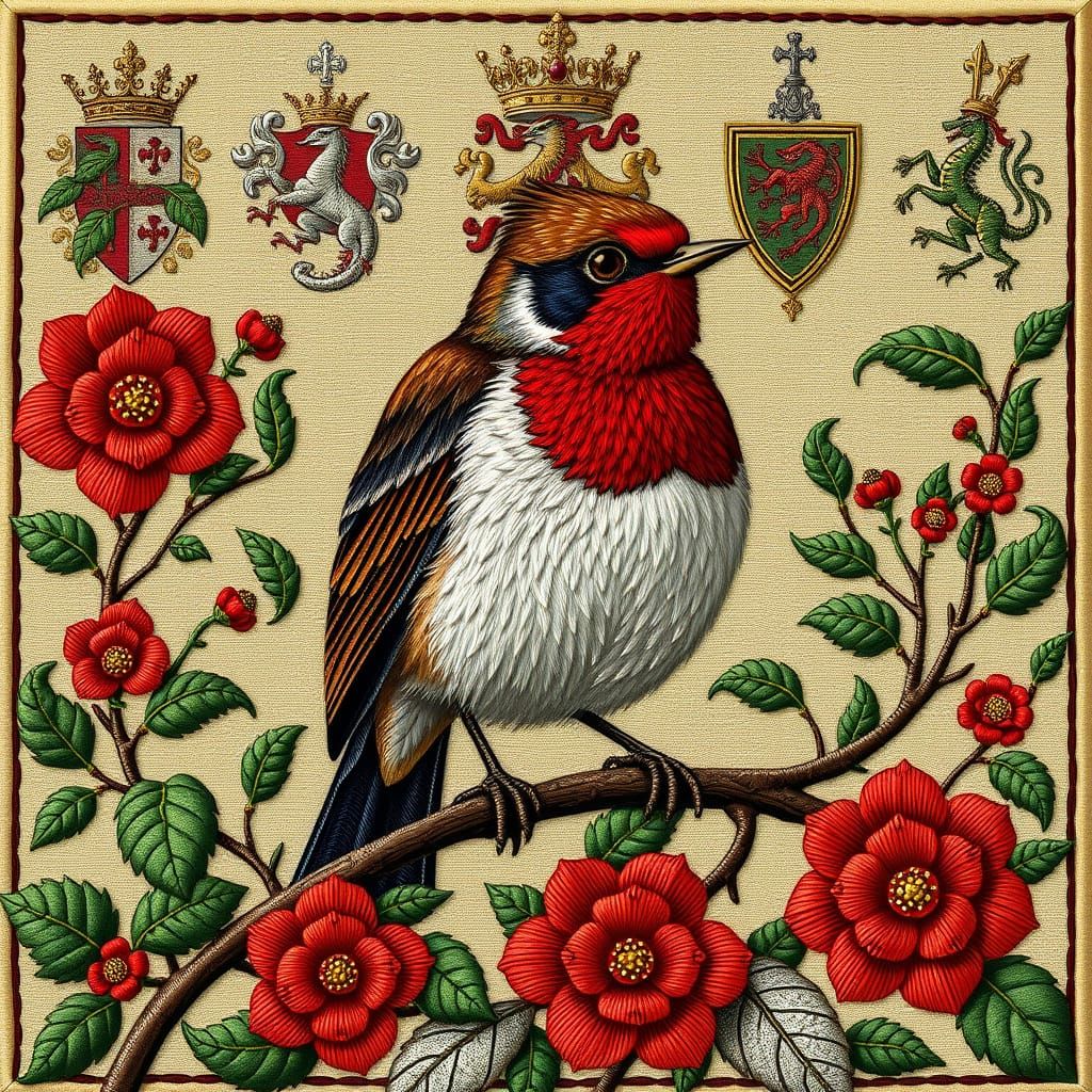 Embroidered Robin as Dragon Slayer in Tapestry Style