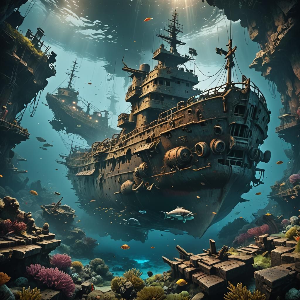 Underwater Yamato Shipwreck: Detailed Matte Painting