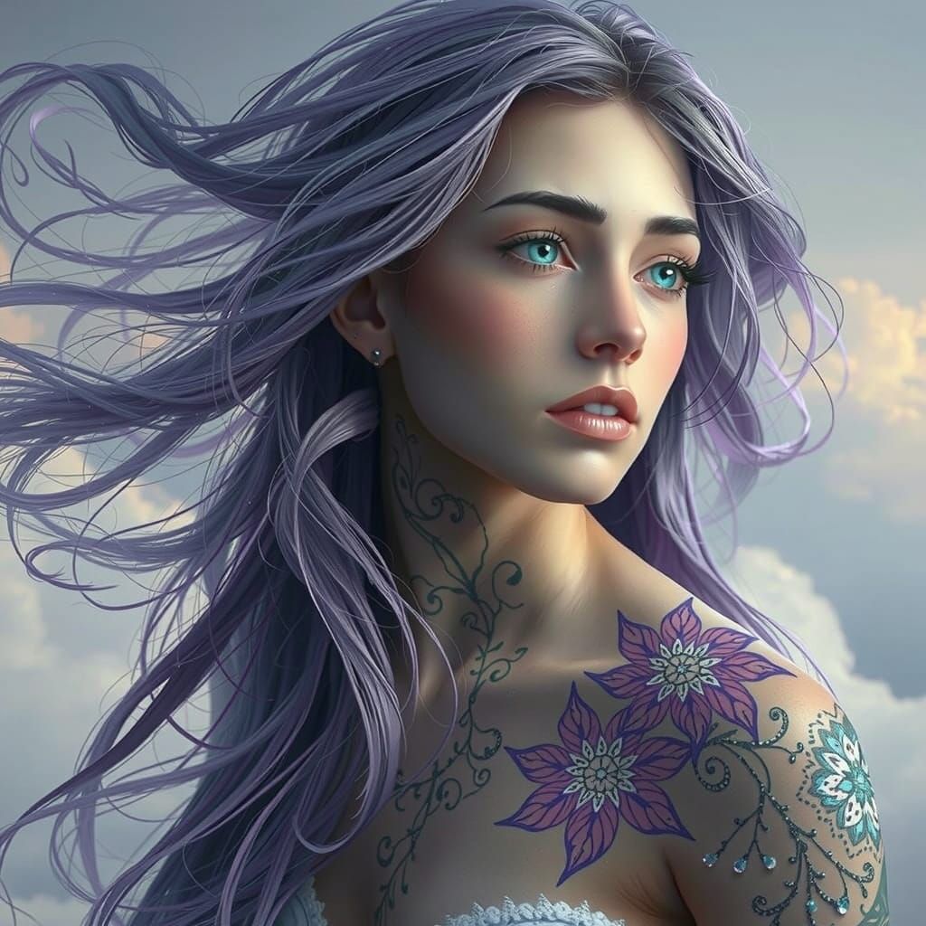 Celestial Goddess with Iridescent Tattoos and Lavender Aura