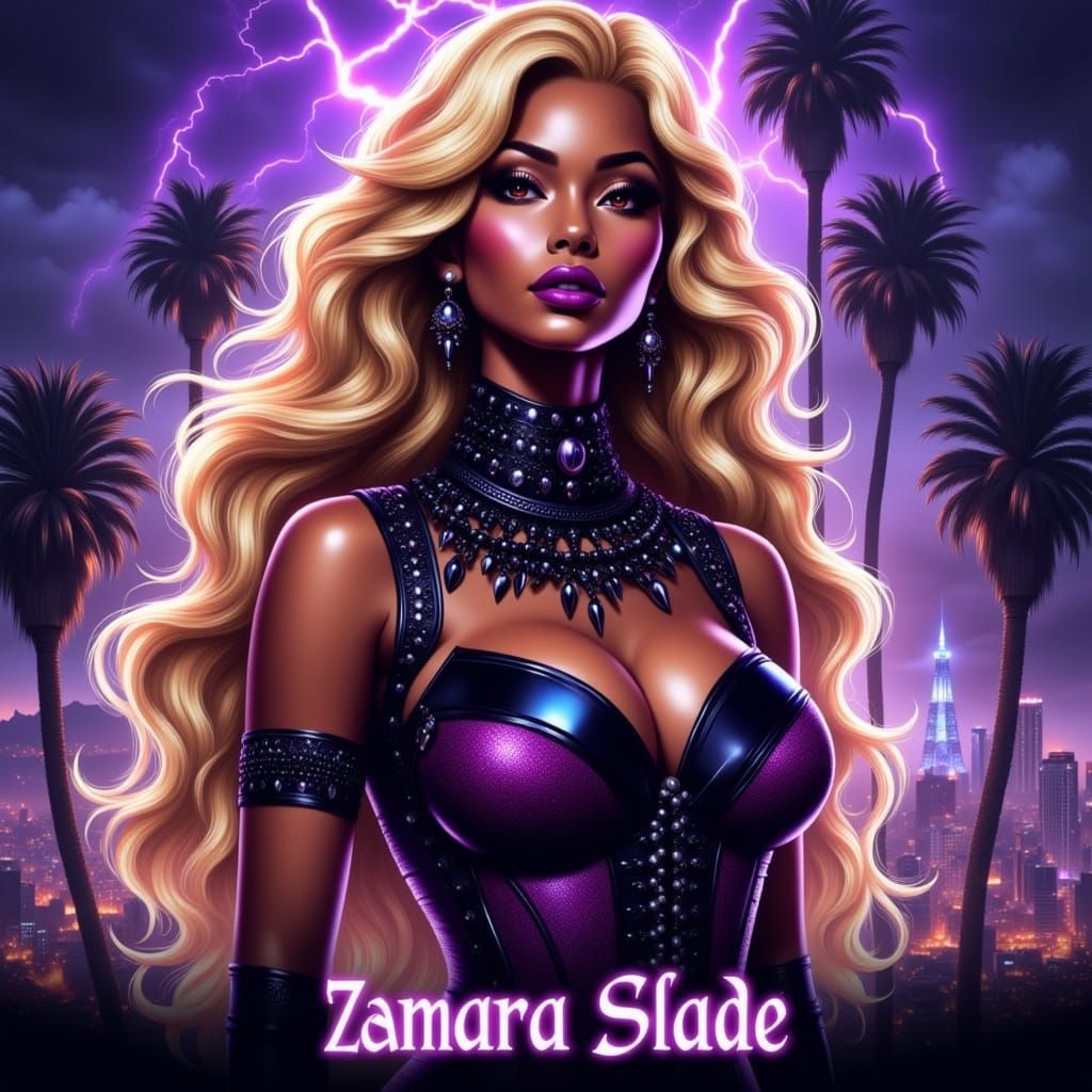 High-Femme Sorceress with Mixed Heritage in Stormy Cityscape