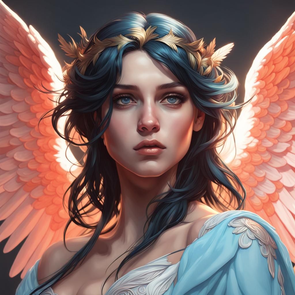 Angelic Portrait with Blue Wings in Art Nouveau Style