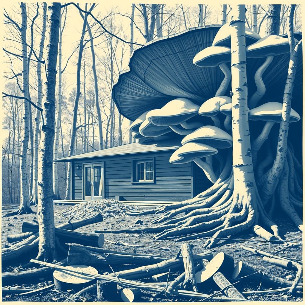 Flat-Roof Cabin Engulfed by Ancient Mushrooms in a Woodland ...
