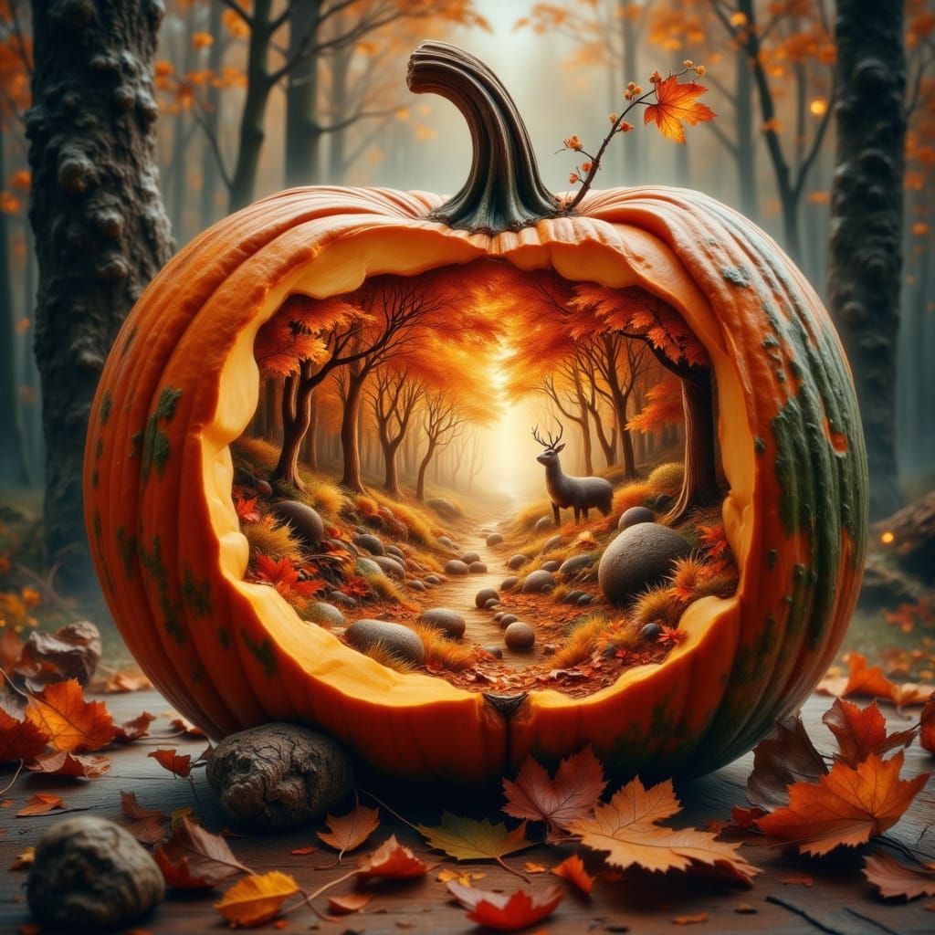 Cozy Miniature Autumn World Inside a Hollow Pumpkin
