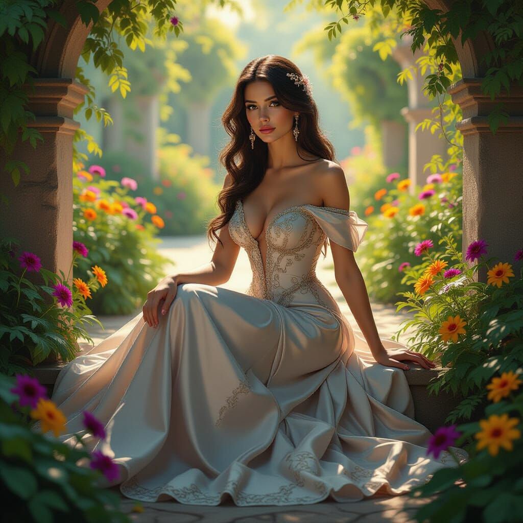 Dark Fantasy Garden Scene with Woman in Gown