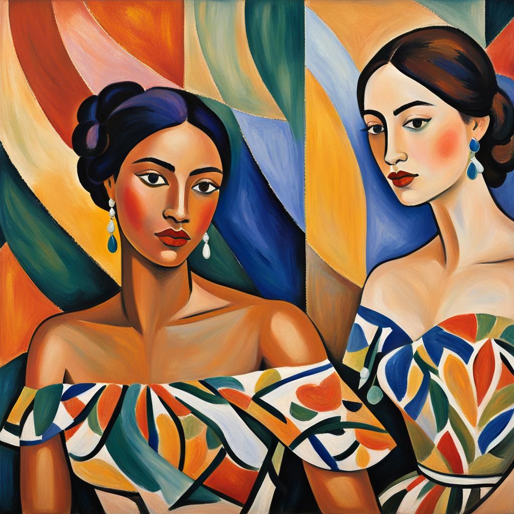 Impressionist Portrait of Two Women in Flowing Dresses